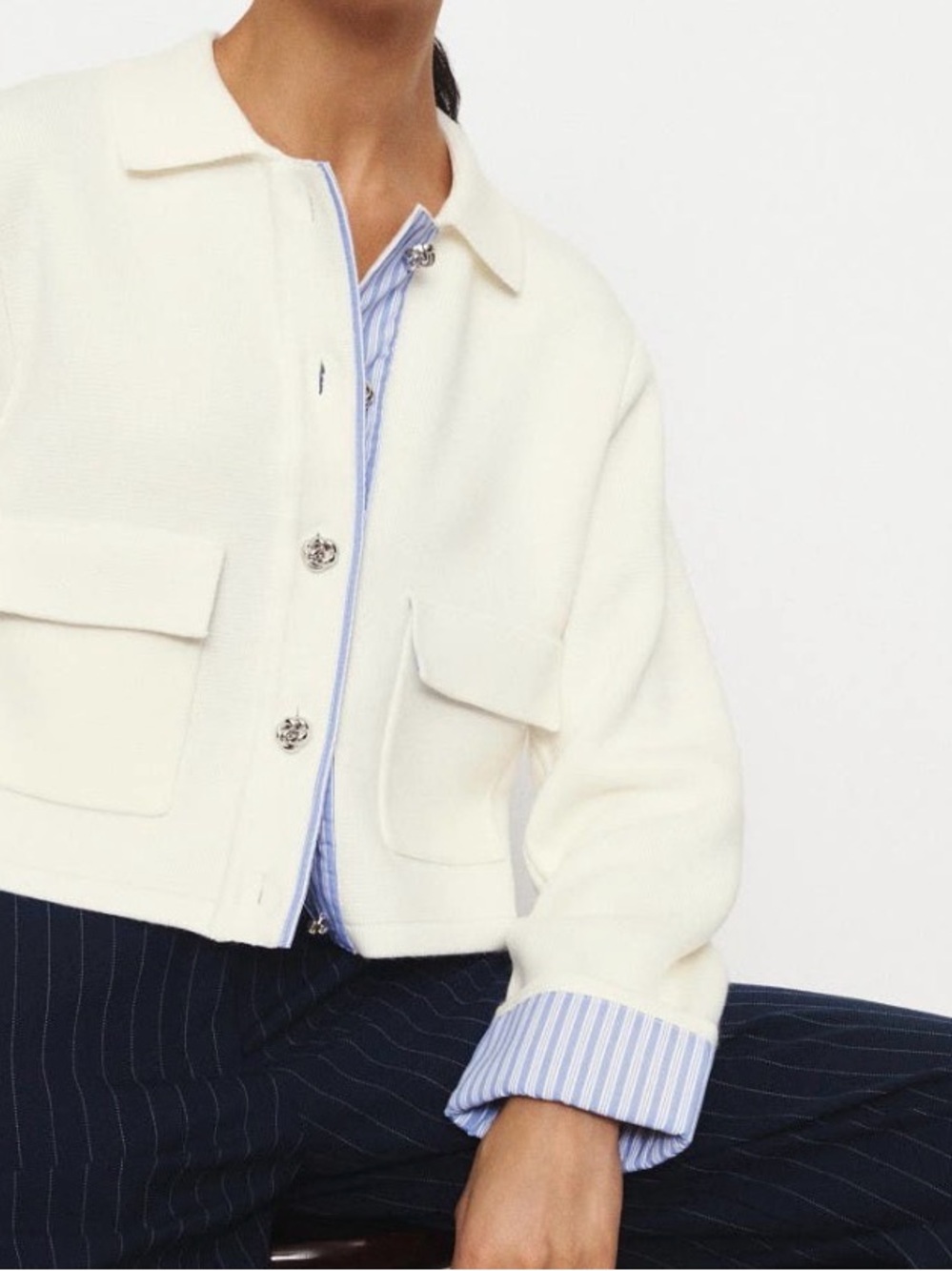 Sandro Cream Knit Cardigan with Blue Pinstripe Trim - Picture 5 of 6